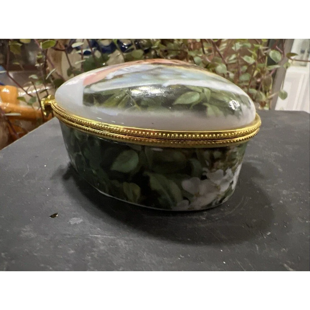 Limoges Style Porcelain Hinged Lid Trinket Jewelry Box Vintage Cherub, Angel